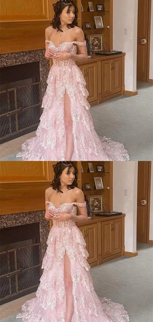 Pretty Pink Off Shoulder A-line Long Party Prom Dresses To Impress,Evening Dress,13465
