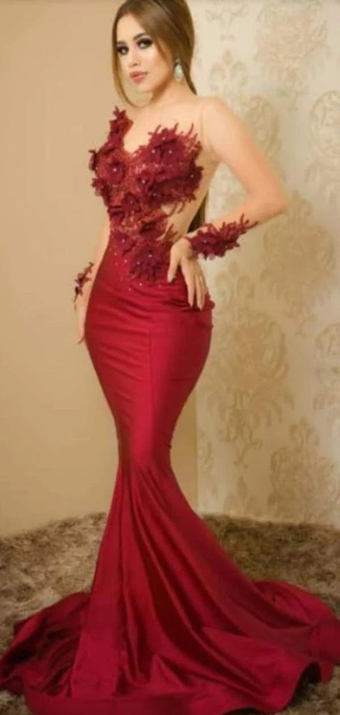 Sexy Mermaid Red Long Sleeves Maxi Long Party Prom Dresses, Evening Dress,13136