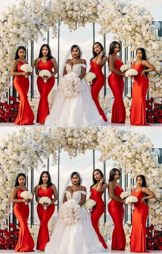 Sexy Red Mermaid Spaghetti Straps V-neck Maxi Long Bridesmaid Dresses,WG1520