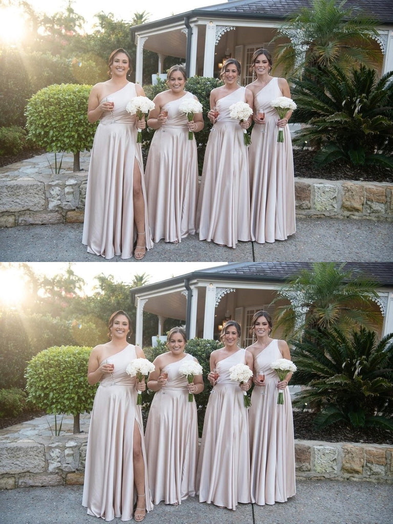 Simple One Shoulder A-line Side Slit Maxi Long Wedding Guest Bridesmaid Dresses,WG1535