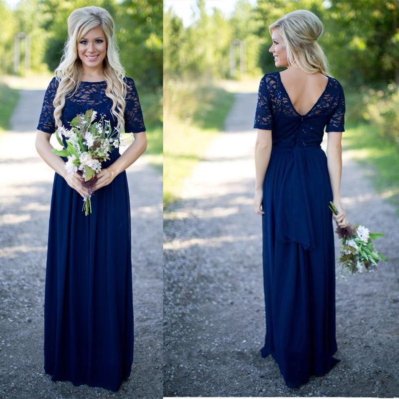 1/2 Long Sleeves Navy Lace Long Bridesmaid Dresses Online, WG789
