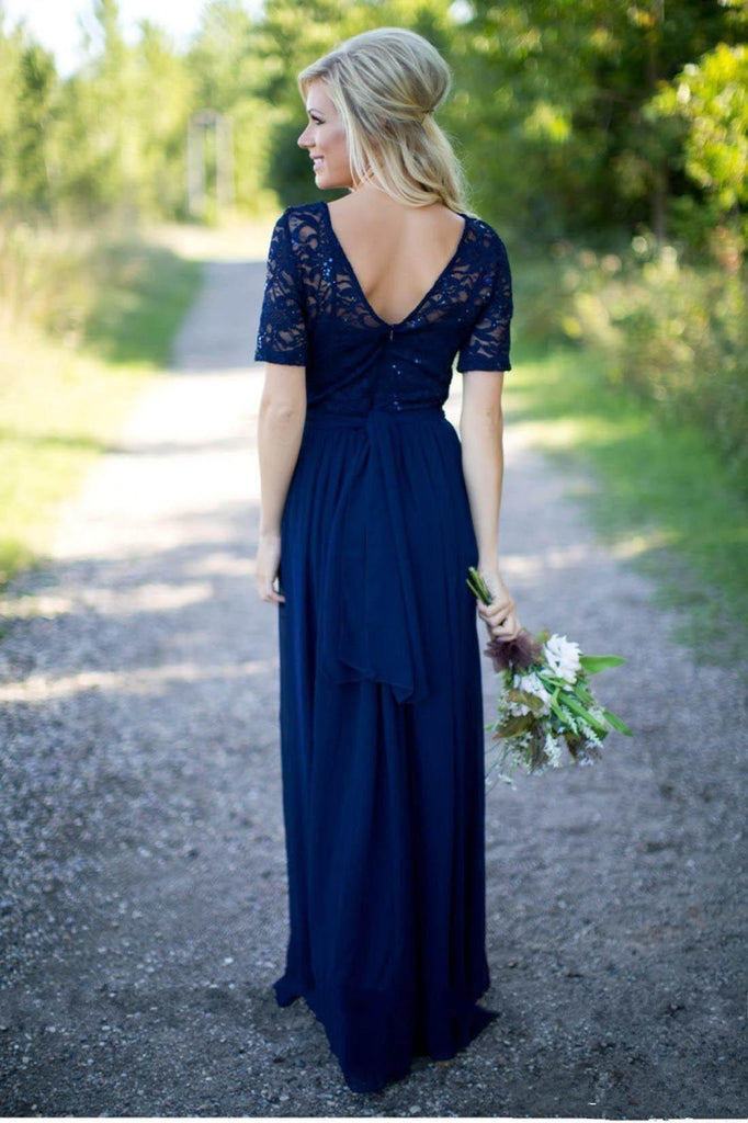 1/2 Long Sleeves Navy Lace Long Bridesmaid Dresses Online, WG789