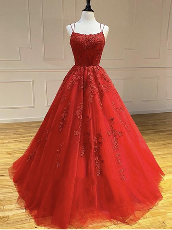 Ball Gown Red Lace Beaded Cheap Long Evening Prom Dresses, Evening Party Prom Dresses, 12303
