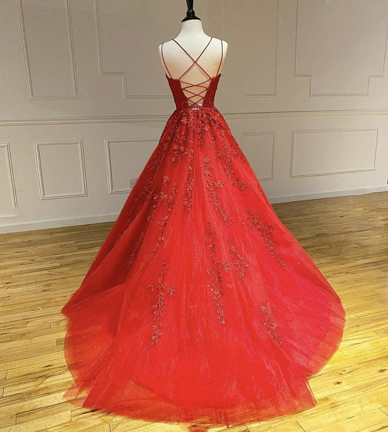 Ball Gown Red Lace Beaded Cheap Long Evening Prom Dresses, Evening Party Prom Dresses, 12303