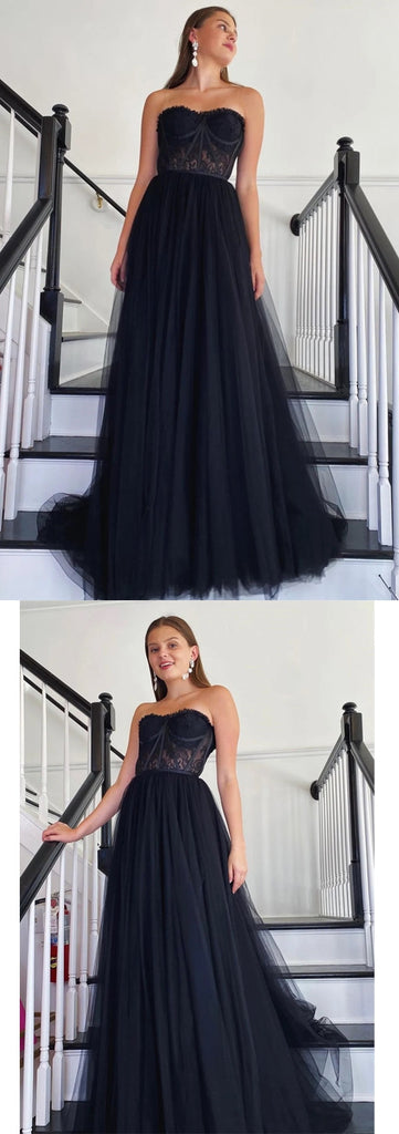 Black A-line Sweetheart Sleeveless Long Prom Dresses Online,12871