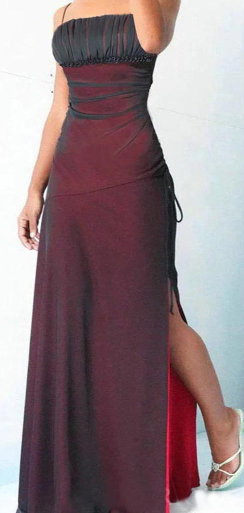 Black Red Sheath Spaghetti Straps High Slit Maxi Long Prom Dresses,13017