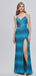 Blue Mermaid Spaghetti Straps Side Slit V-neck Cheap Prom Dresses,12796
