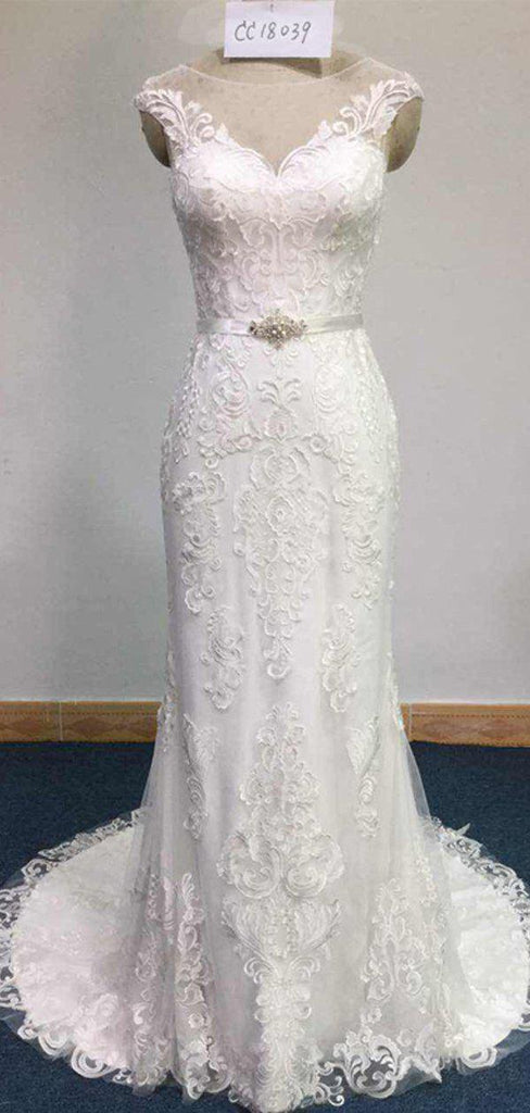 Cap Sleeves Lace Mermaid Wedding Dresses Online, Cheap Wedding Gown, WD678