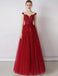 Cap Sleeves Red Beaded Sequin A-line Long Evening Prom Dresses, Evening Party Prom Dresses, 12326