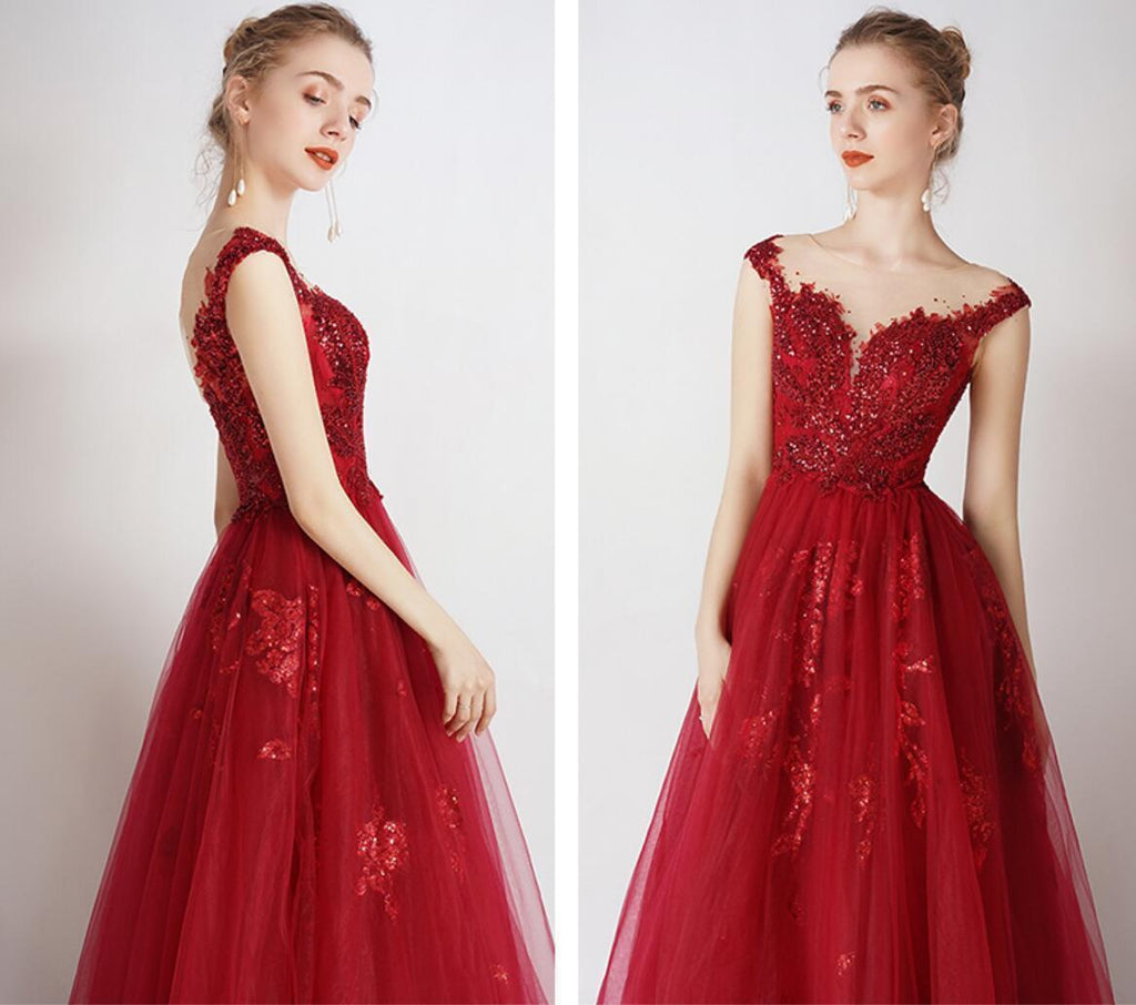 Cap Sleeves Red Beaded Sequin A-line Long Evening Prom Dresses, Evening Party Prom Dresses, 12326