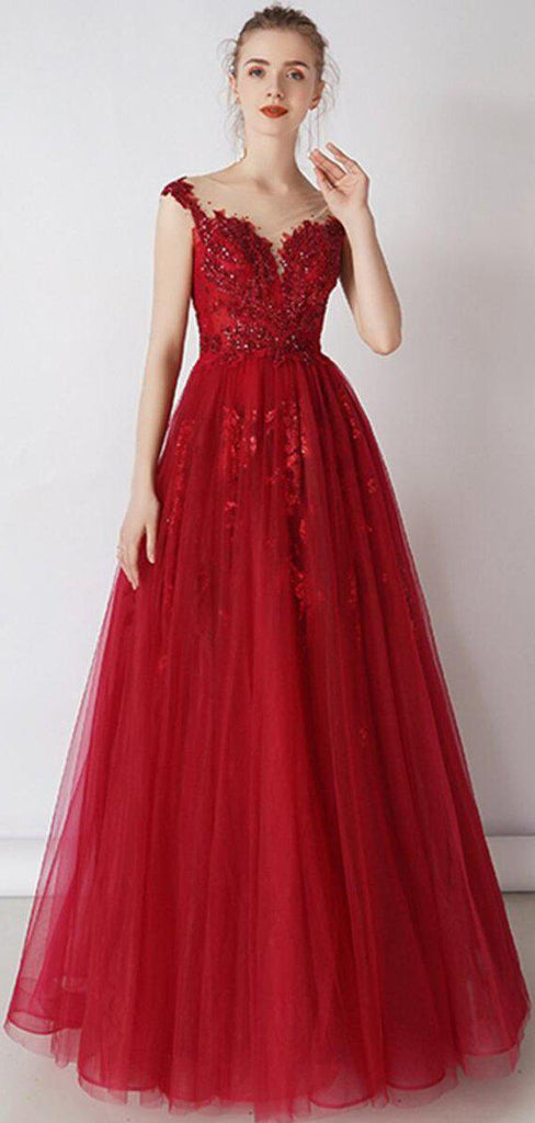 Cap Sleeves Red Beaded Sequin A-line Long Evening Prom Dresses, Evening Party Prom Dresses, 12326