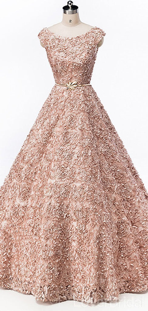 Cap Sleeves Soop Rose Gold Lace Long Evening Prom Dresses, Cheap Party Prom Dresses, 18612