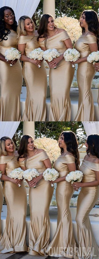 Champagne Gold Off Shoulder Mermaid Floor Length Cheap Bridesmaid Dresses Online, WG566