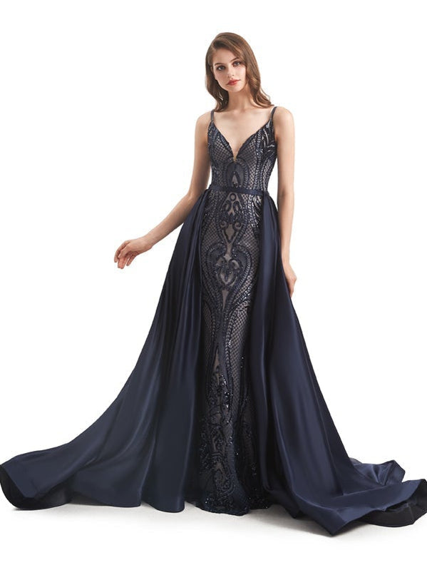 Champagne Mermaid Spaghetti Straps V-neck Long Prom Dresses Online,12588