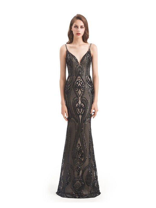 Champagne Mermaid Spaghetti Straps V-neck Long Prom Dresses Online,12588