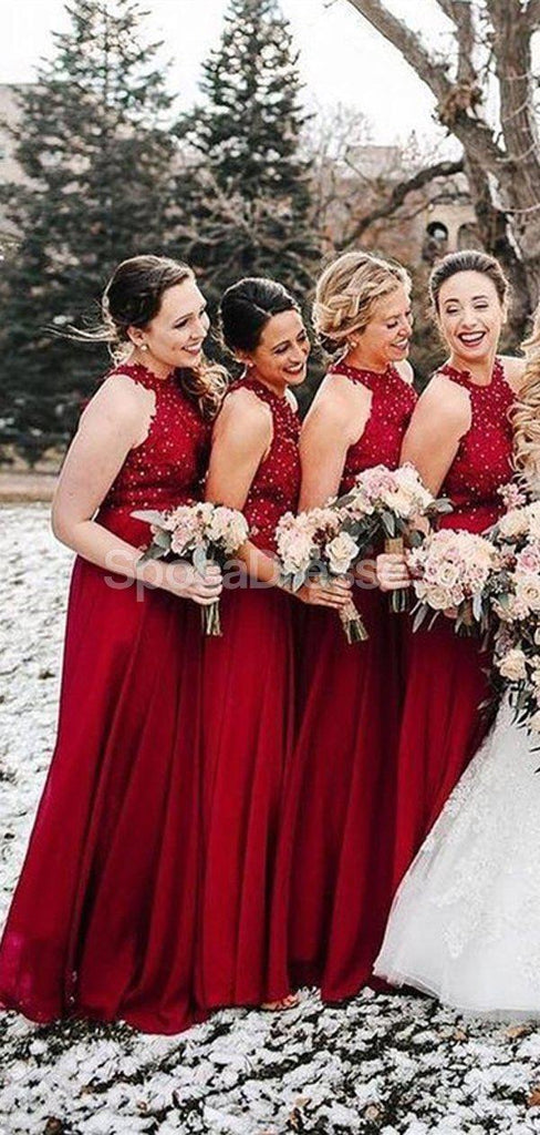 Dark Red Halter  Chiffon Long Bridesmaid Dresses Online, Cheap Bridesmaids Dresses, WG693