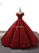 Dark Red Jewel Off Shoulder Ball Gown Long Evening Prom Dresses, Evening Party Prom Dresses, 12213