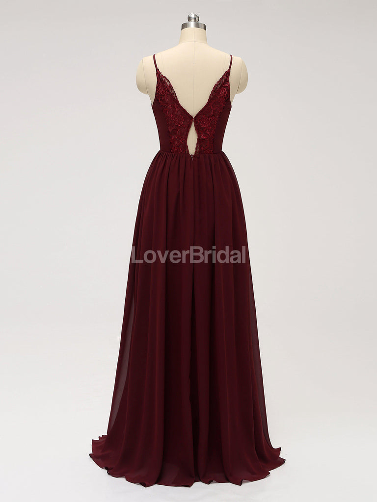 Dark Red Spaghetti Straps Chiffon Open Back Cheap Bridesmaid Dresses Online, WG584