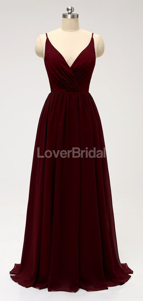 Dark Red Spaghetti Straps Chiffon Open Back Cheap Bridesmaid Dresses Online, WG584