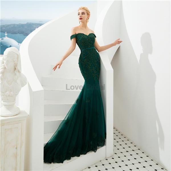 Emerald Green Lace Applique Mermaid Evening Prom Dresses, Evening Party Prom Dresses, 12128
