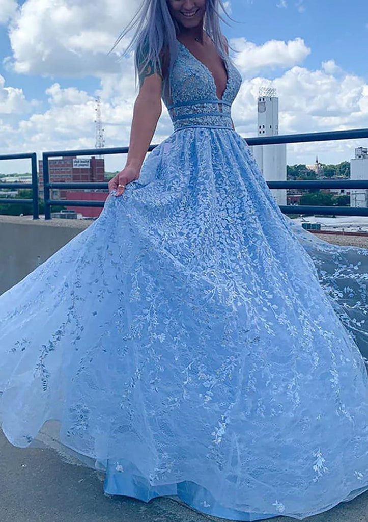 Gorgeous Blue A-line V-neck Maxi Long Prom Dresses,Evening Party Prom Dresses,13036