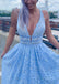 Gorgeous Blue A-line V-neck Maxi Long Prom Dresses,Evening Party Prom Dresses,13036