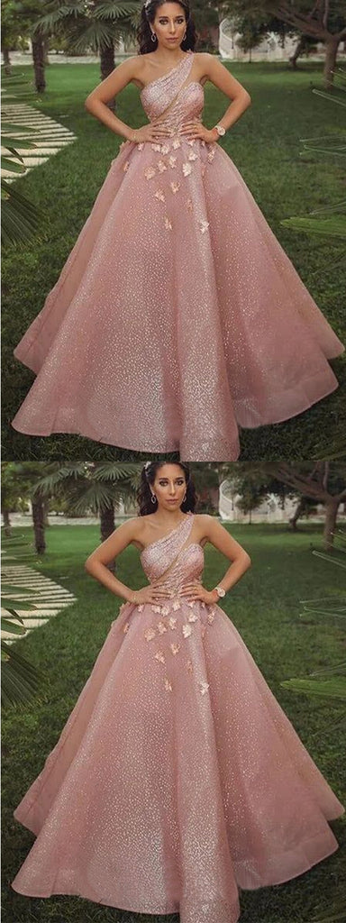 Gorgeous Pink A-line One Shoulder Maxi Long Prom Dresses,Evening Dresses,13016