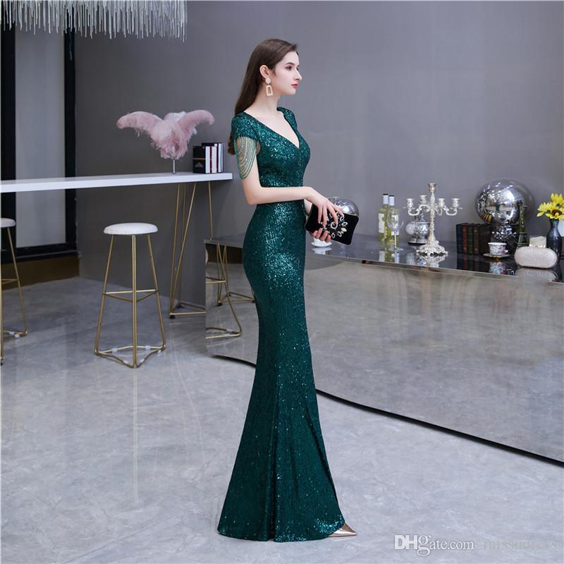 Green Mermaid Sequin V-neck Cap Sleeves Long Party Prom Dresses Online,12362
