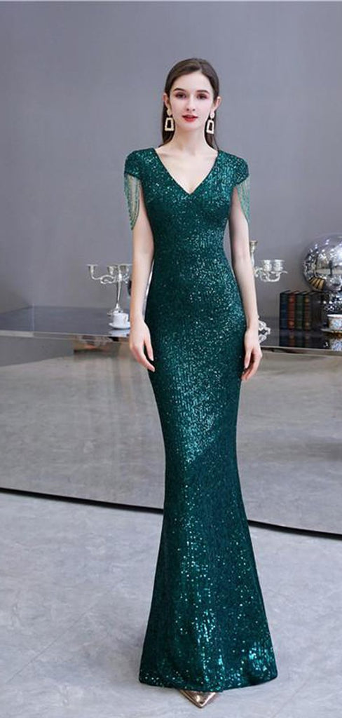 Green Mermaid Sequin V-neck Cap Sleeves Long Party Prom Dresses Online,12362