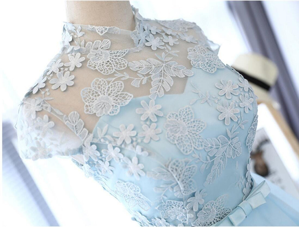 High Neckline Light Blue Cute Homecoming Prom Dresses, Affordable Short Party Prom Sweet 16 Dresses, Perfect Homecoming Cocktail Dresses, CM331