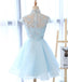 High Neckline Light Blue Cute Homecoming Prom Dresses, Affordable Short Party Prom Sweet 16 Dresses, Perfect Homecoming Cocktail Dresses, CM331