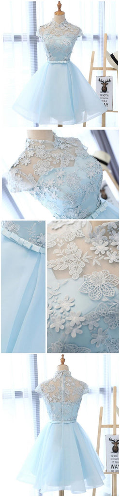 High Neckline Light Blue Cute Homecoming Prom Dresses, Affordable Short Party Prom Sweet 16 Dresses, Perfect Homecoming Cocktail Dresses, CM331