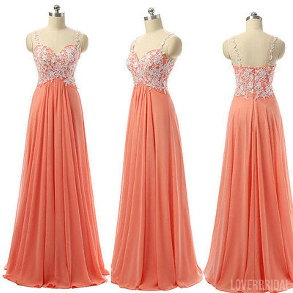 Junior Pretty Spaghetti Strap Sweet Heart A Line Long Bridesmaid Dresses with Applique, WG16