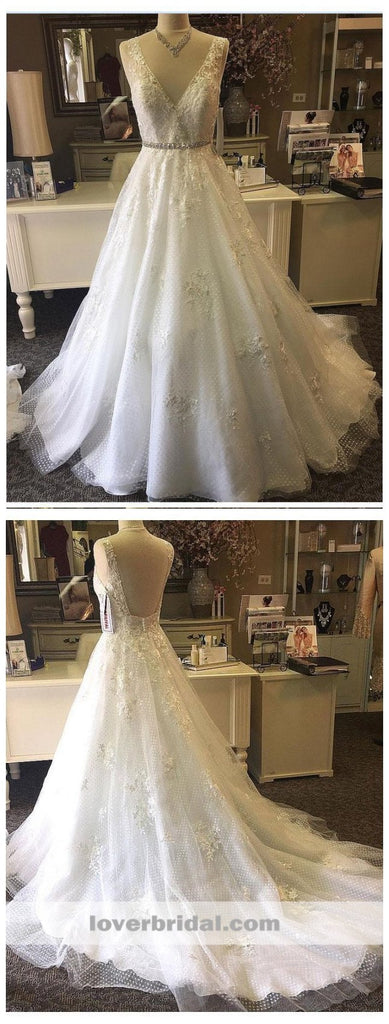 Lace Beaded V Neck A line Cheap Wedding Dresses Online, Cheap Lace Bridal Dresses, WD457
