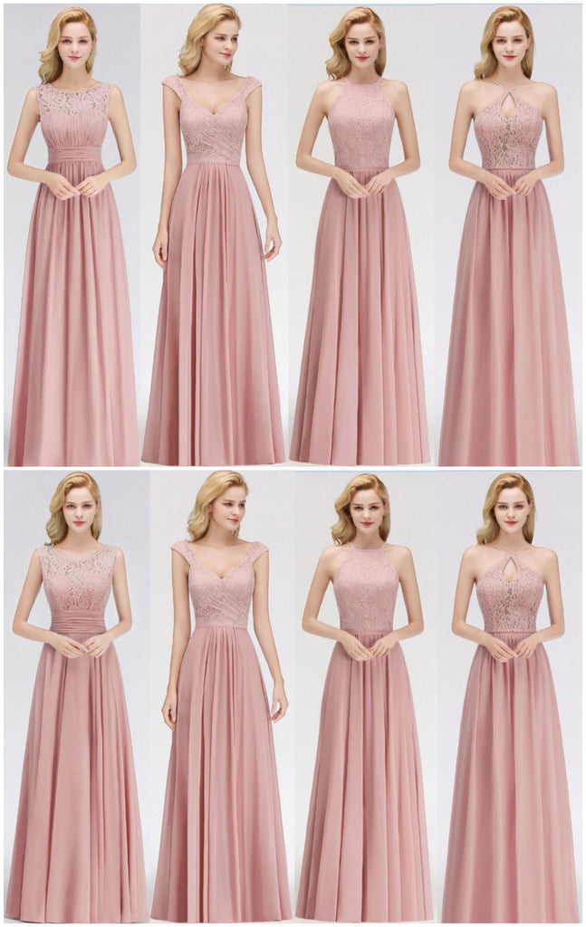 Lace Blush Pink Floor Length Mismatched Chiffon Bridesmaid Dresses Online, WG543