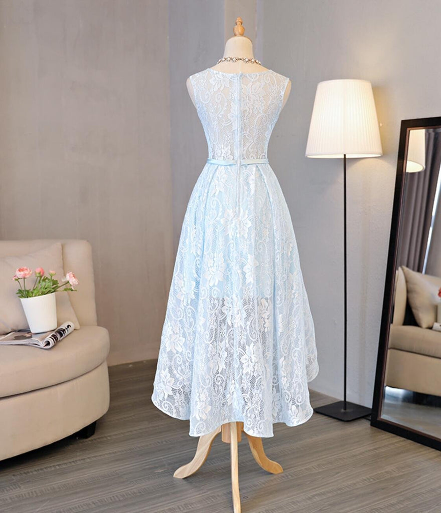 Light Blue Scoop Neckline Lace High Low Homecoming Prom Dresses, Affordable Short Party Prom Sweet 16 Dresses, Perfect Homecoming Cocktail Dresses, CM327