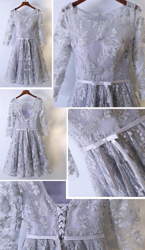 Long Sleeve Lace Gray Homecoming Prom Dresses, Affordable Corset Back Short Party Prom Dresses, Perfect Homecoming Dresses, CM255