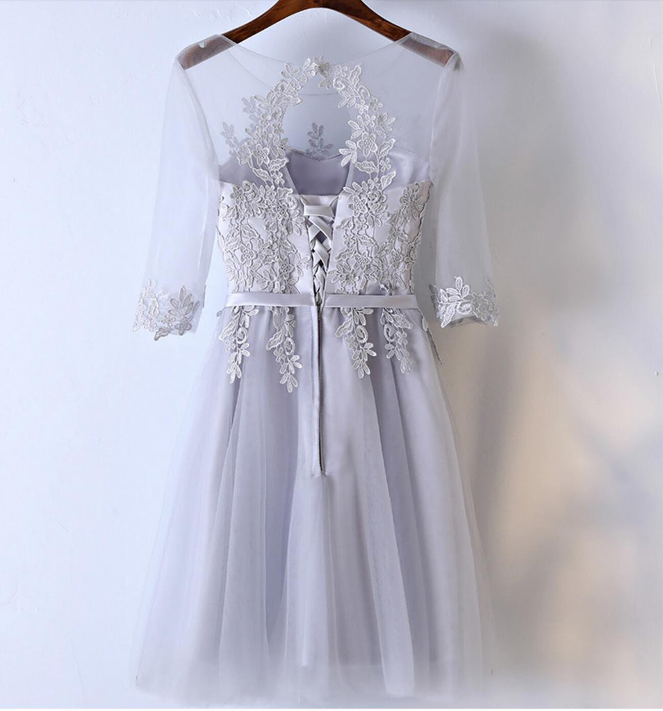 Long Sleeve Lace Gray Homecoming Prom Dresses, Affordable Corset Back Short Party Prom Dresses, Perfect Homecoming Dresses, CM255