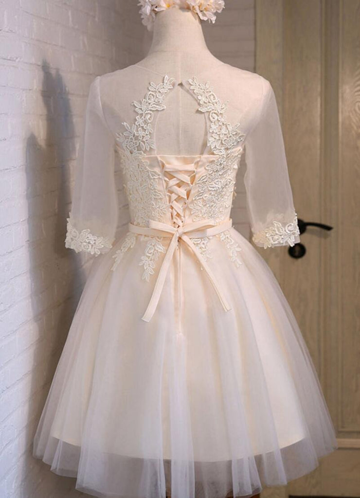 Long Sleeve Lace High Neckline Homecoming Prom Dresses, Affordable Short Party Prom Dresses, Perfect Homecoming Dresses, CM293