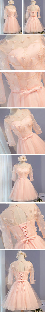 Long Sleeve Light Peach Open Back Lace Cute Homecoming Prom Dresses, Affordable Short Party Prom Dresses, Perfect Homecoming Dresses, CM319
