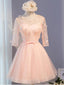 Long Sleeve Light Peach Open Back Lace Cute Homecoming Prom Dresses, Affordable Short Party Prom Dresses, Perfect Homecoming Dresses, CM319