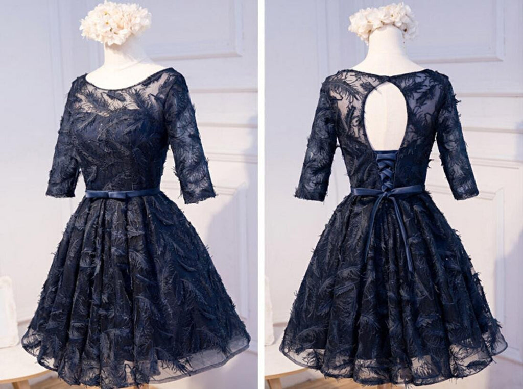 Long Sleeve Navy Scoop Neckline Homecoming Prom Dresses, Affordable Short Party Prom Dresses, Perfect Homecoming Dresses, CM292