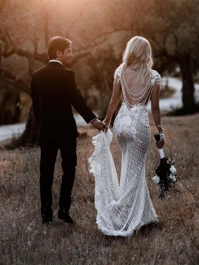 Long Sleeves Boho Lace Mermaid Wedding Dresses, Sexy Wedding Gown, WD681