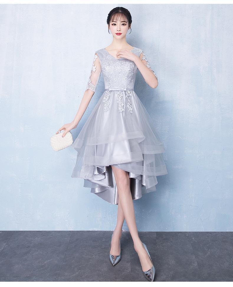Long Sleeves High Low Grey Lace Cheap Homecoming Dresses Online, CM693