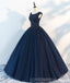 Navy Cap Sleeves Ball Gown Tulle Cheap Long Evening Prom Dresses, Custom Sweet16 Dresses, 18410