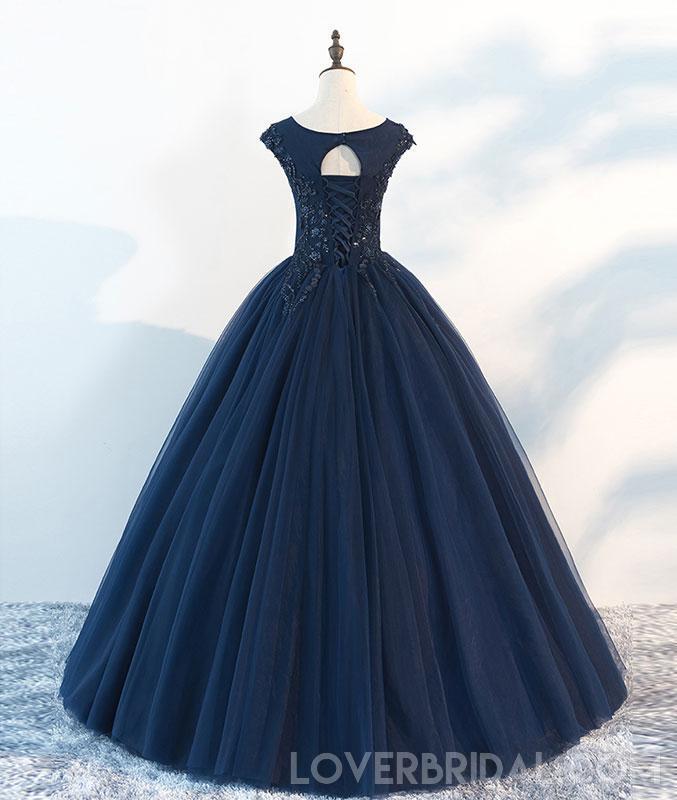 Navy Cap Sleeves Ball Gown Tulle Cheap Long Evening Prom Dresses, Custom Sweet16 Dresses, 18410