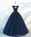 Navy Cap Sleeves Ball Gown Tulle Cheap Long Evening Prom Dresses, Custom Sweet16 Dresses, 18410