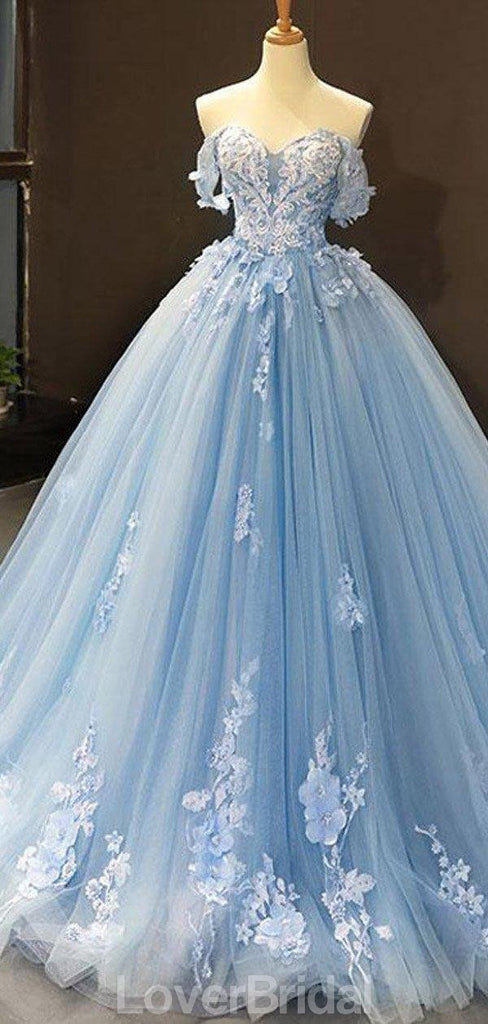 Off Shoulder Blue Handmade Flower Long Evening Prom Dresses, Evening Party Prom Dresses, 12163