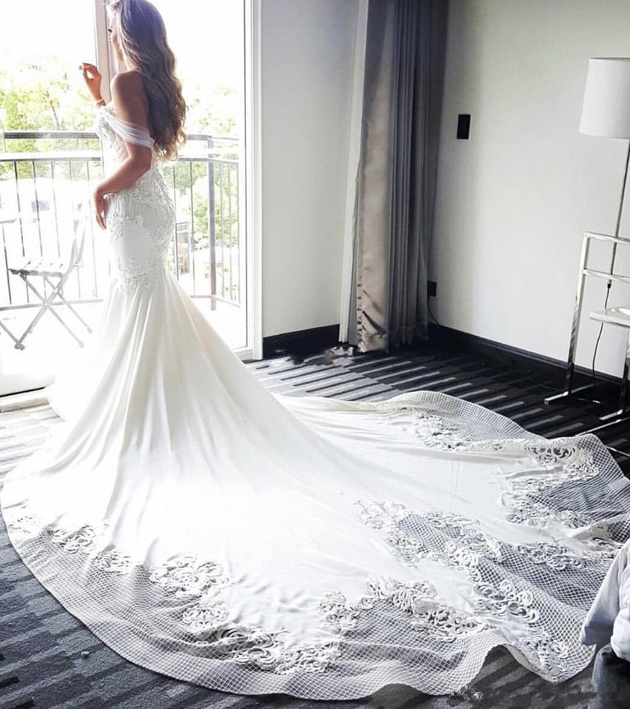 Off Shoulder Lace Mermaid Wedding Dresses, Lace Wedding Gown, WD696