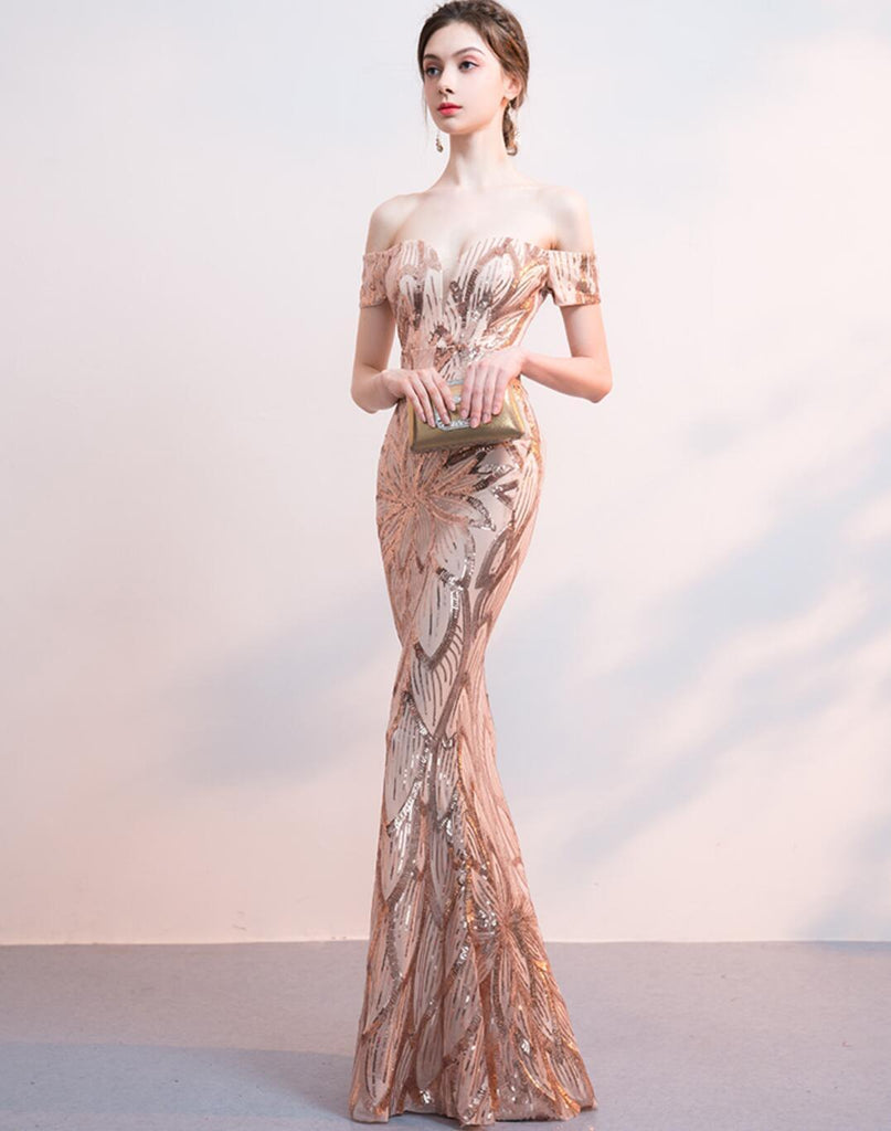 Off Shoulder Rose Gold Sequin Mermaid Long Evening Prom Dresses, Evening Party Prom Dresses, 12324